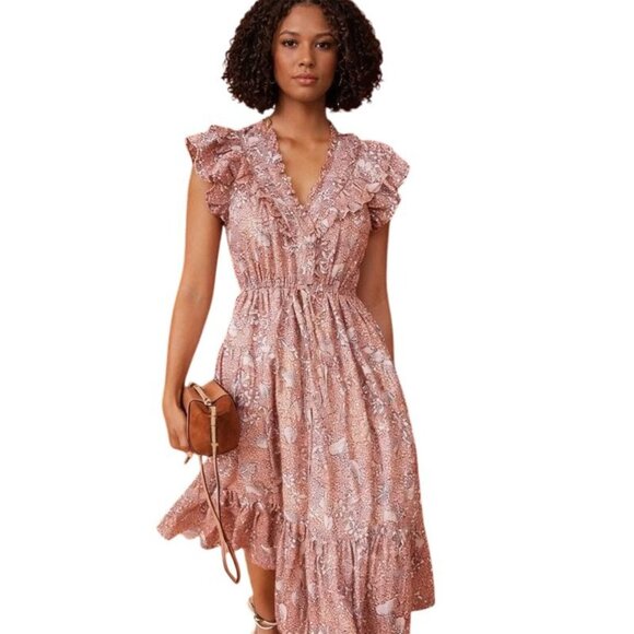 Ulla Johnson Romina Tan Cream Floral Midi Dress Size 4